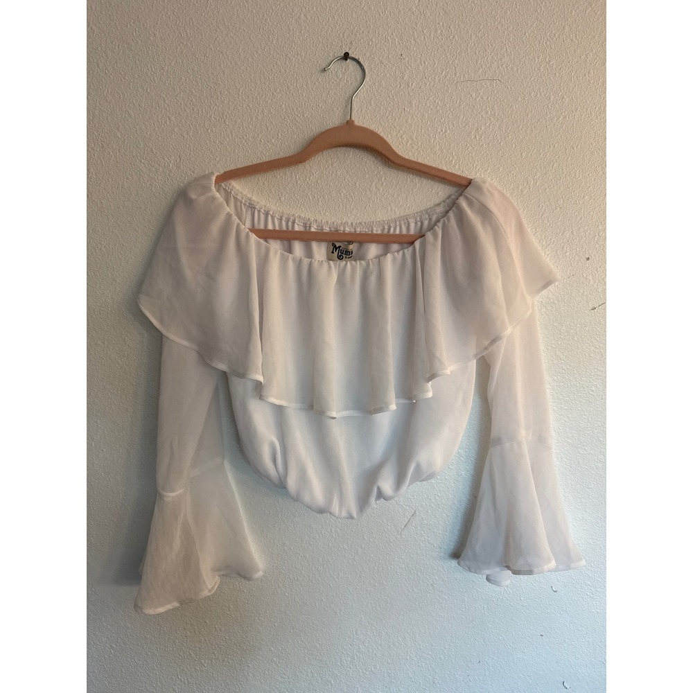Show Me Your Mumu White Chiffon Off The Shoulder Ruffle Bell Sleeve Crop Top